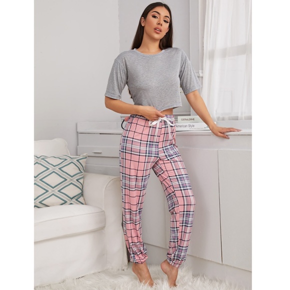 2 Piece Pajama Set, Loungewear Grey + Plaid - Picture 5 of 10